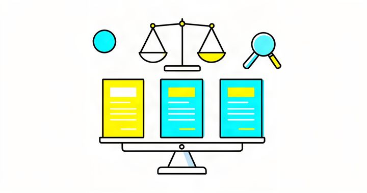同じ条件で集めた3社の提案を、天びんと虫めがねで見比べているイラスト