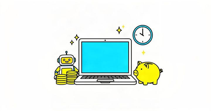 AIツールを使った副業で収入を得るイメージ（ノートパソコンとロボット、コイン、貯金箱）