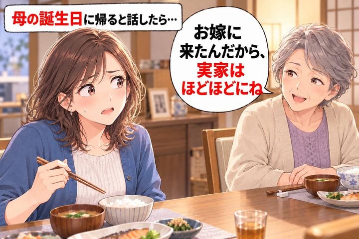 母の誕生日で帰省することを報告。義母の口から「お嫁に来たんだから実家はほどほどにね」とまさかの一言が…