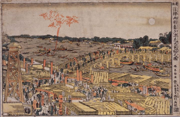 葛飾北斎「新板浮絵両国喬夕涼花火見物之図」