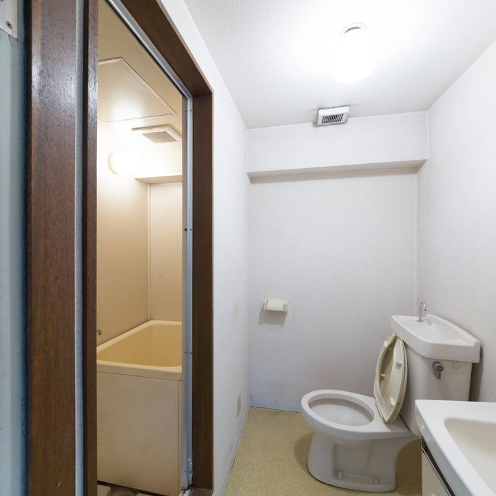 トイレと洗面台がある水回りの室内。左側の開いた扉の奥に浴室が見える。