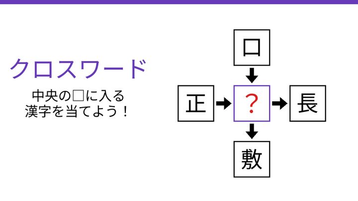 【二字熟語クロスワード】口・正・長・敷に共通する一文字は？の問題画像