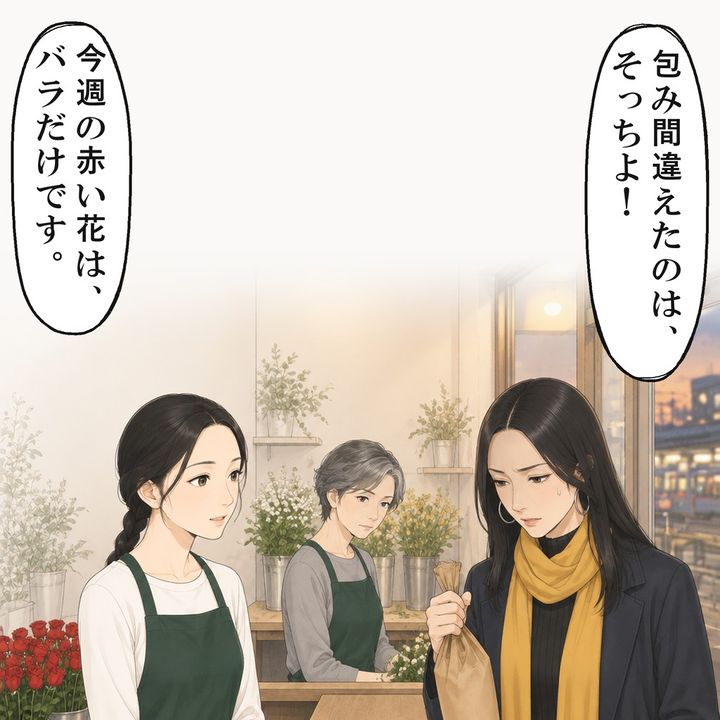 常連客の女性は包み紙の口を握りつぶし、うつむきました
