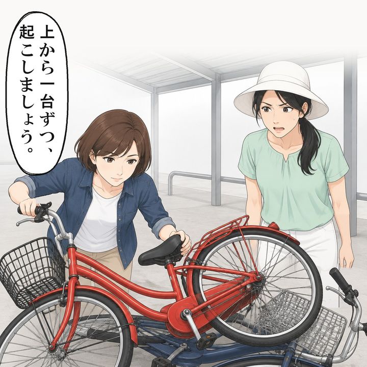 倒れた自転車を起こすと、女性の赤い自転車が上になっていました