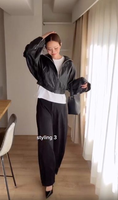 フェイクレザーショートジャケットを着たコーデ