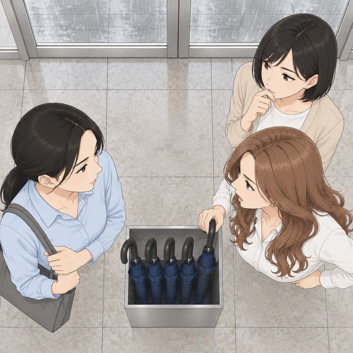 【漫画】「この傘は私の。昨日買ったの」夕立の日、後輩の前で私の傘を横取りする同期。雨の戸口で顔色が変わった
