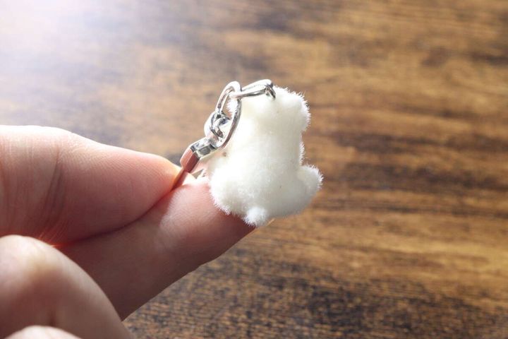 指の上にのせて背面にしっぽがついているのを確認している様子