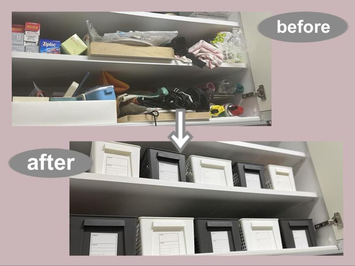 画像: 【画像⑧】バスケットを使い分けて、吊り戸棚の見た目も使い勝手も改善！