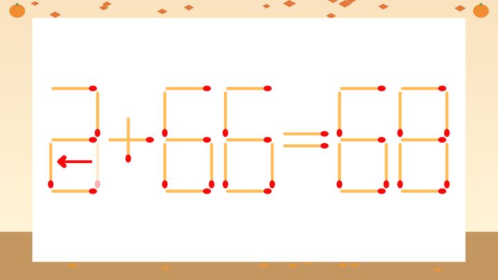 【マッチ棒クイズ】1本だけ動かして正しい式に：3+66=68？の解答画像