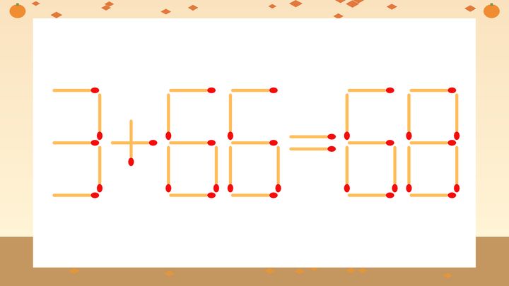 【マッチ棒クイズ】1本だけ動かして正しい式に：3+66=68？の問題画像