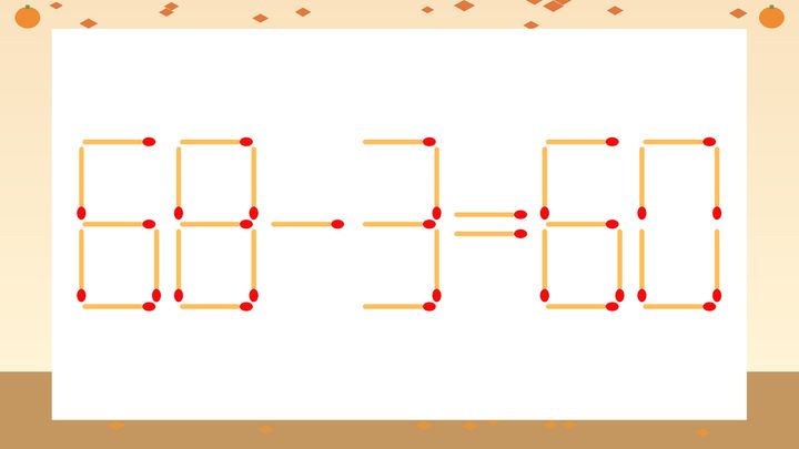 【マッチ棒クイズ】1本だけ動かして正しい式に：68-3=60？の問題画像