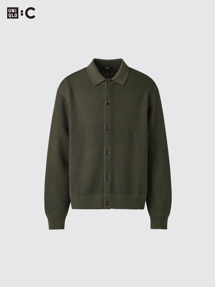 UNIQLO Cの深緑色のシャツカラーカーディガン