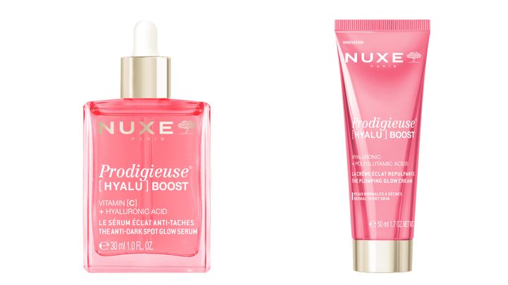 プロディジュー ヒアルブースト グロウ セラム 30ml ￥4,950（税込）、&nbsp; 同 クリーム 50ml ￥4,620（税込）／ともにNUXE 問い合わせ先：ブルーベル・ジャパン株式会社 香水・化粧品ブランド・マネージメント事業部 0120-005-130