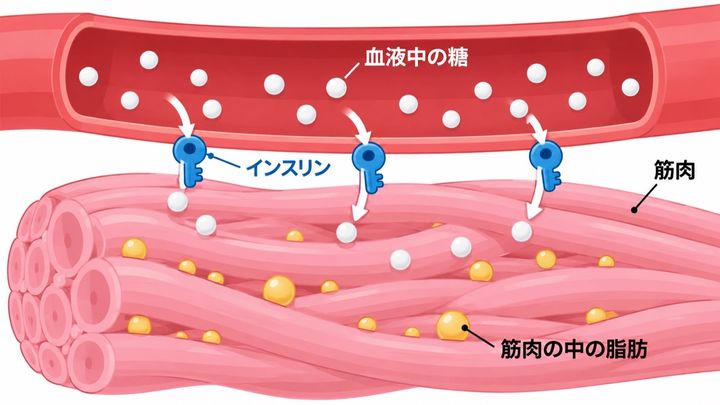筋肉がインスリンの働きで血液中の糖を取り込むようすを表したイメージ図で、形や大きさは実際の通りではありません。筋肉の中にたまる脂肪(黄色の粒)が多いことは、インスリンの信号がうまく伝わらないことと関係するとされます。