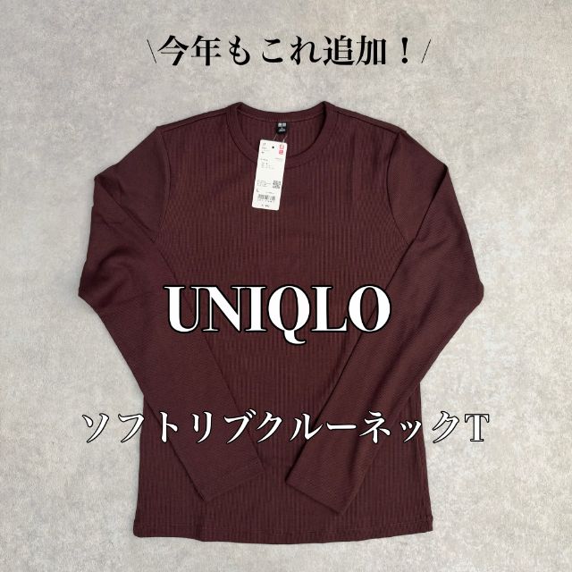 ブラウンのソフトリブクルーネックT