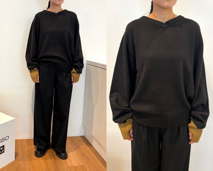 キャメルの袖口がアクセントになる「3D Vネックセーター」￥3990