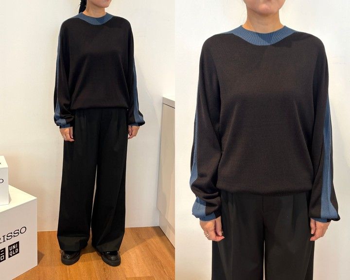 ブルーのラインが印象的な、「3Dモックネックセーター」￥4990