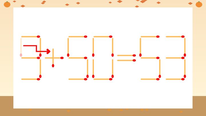 【マッチ棒クイズ】1本だけ動かして正しい式に：9-50=53？の解答画像