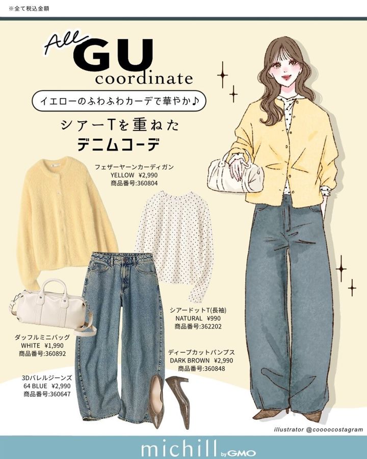 黄色いカーディガンにデニムを合わせた秋コーデのイラスト