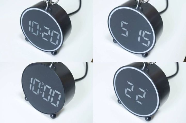 黒い丸型LEDデジタル時計の時刻、アラーム、カレンダー、温度表示が4分割で示されている