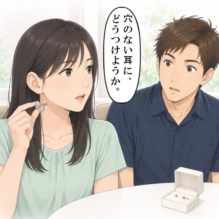 外したイヤリングははさむ形で、耳たぶに穴はありません