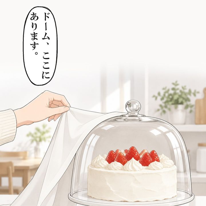 布の下で、ガラスのドームがケーキにかぶさっていました