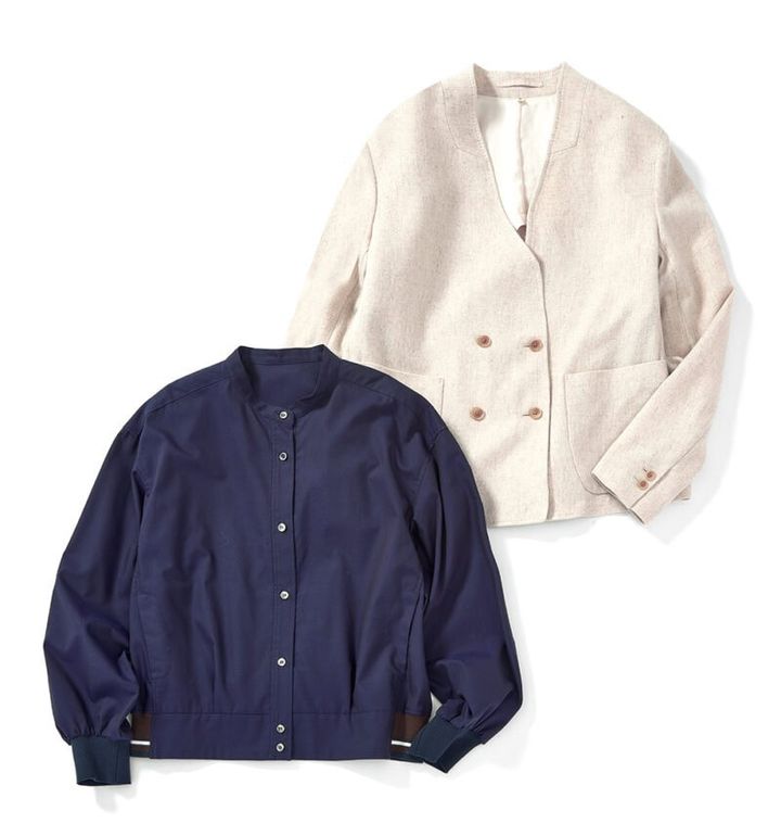 （上）やわらかい印象で着られるノーカラーのジャケット。￥24,900／無印良品 銀座 （下）オックスフォードシャツの袖口と裾に、リブがついてブルゾン風に。カジュアルな着こなしに◎。￥22,000／ヒューマン ウーマン