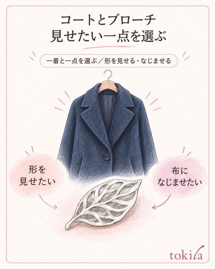 今日着たい一着と一点を決め、ブローチを見せたいか、なじませたいかを選びます。