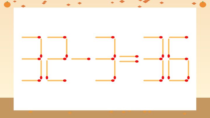 【マッチ棒クイズ】1本だけ動かして正しい式に：32-3=36？の問題画像