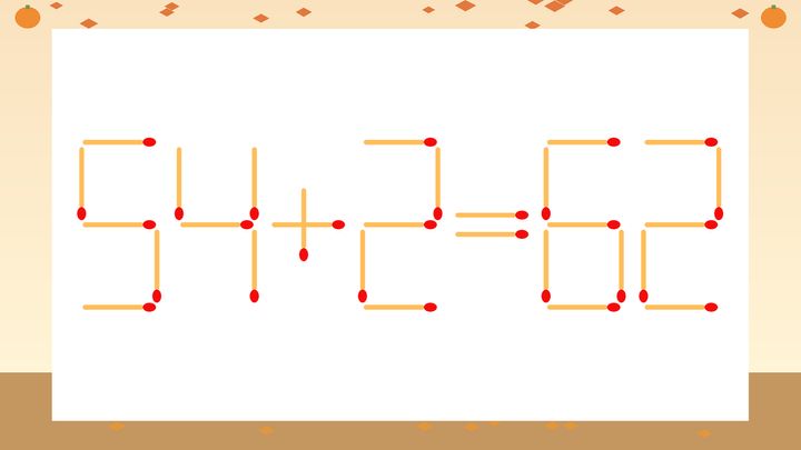 【マッチ棒クイズ】1本だけ動かして正しい式に：54+2=62？の問題画像