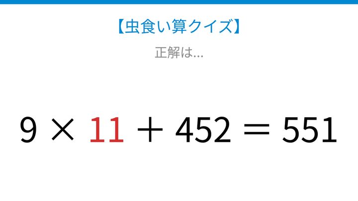 【虫食い算クイズ】足し算と掛け算の順序で解ける計算パズルの解答画像