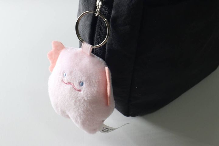 黒いバッグのジッパー部分に取り付けられたマスコットキーホルダー