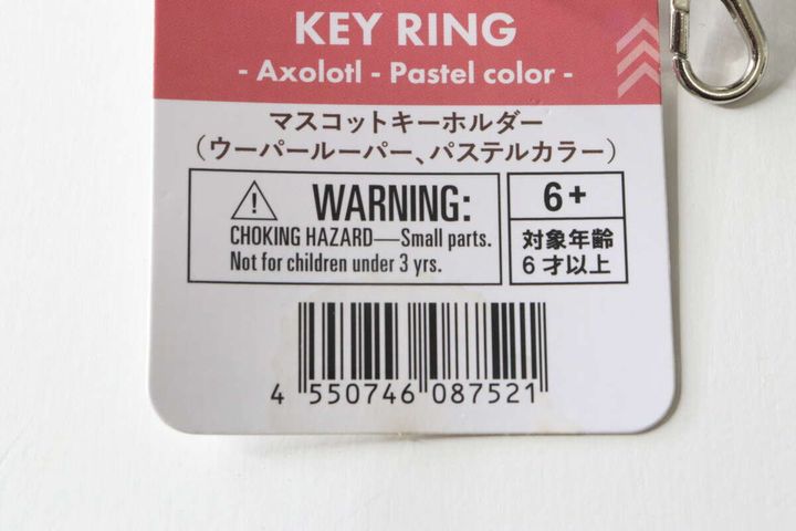 マスコットキーホルダーの商品名とJANコードが記載された紙タグのアップ