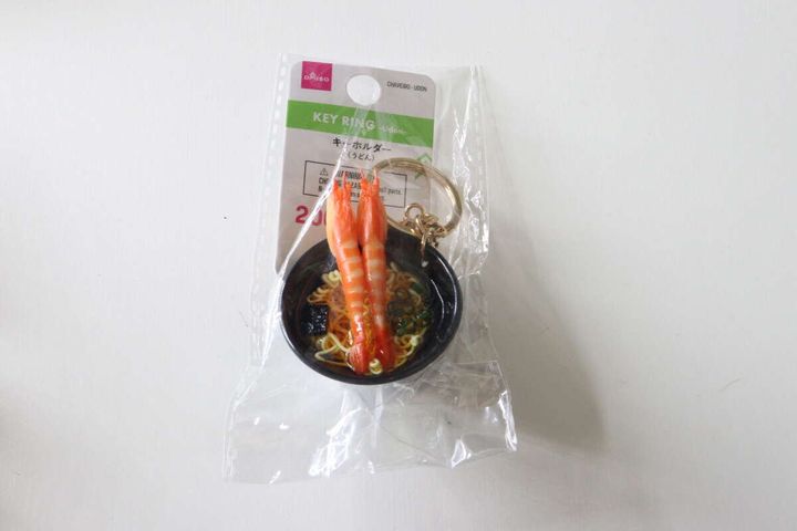透明なパッケージに入ったうどんの食品サンプル風キーホルダー全体像