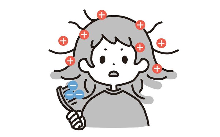 髪の毛に静電気が発生している女の子のイラスト マイナスとプラス
