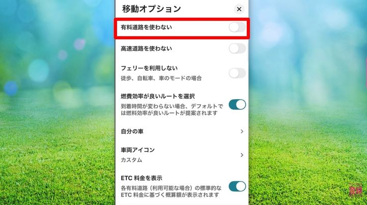 有料道路や高速道路を回避する設定