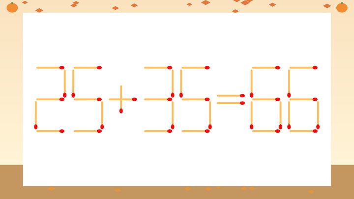 【マッチ棒クイズ】1本だけ動かして正しい式に：25+35=66？の問題画像