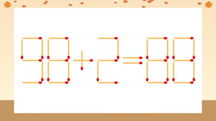 【マッチ棒クイズ】1本だけ動かして正しい式に：98+2=88？の問題画像
