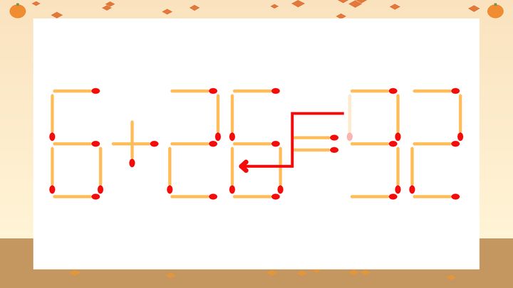 【マッチ棒クイズ】1本だけ動かして正しい式に：6+25=92？の解答画像