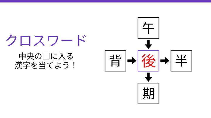 【二字熟語クロスワード】午・背・半・期に共通する一文字は？の解答画像