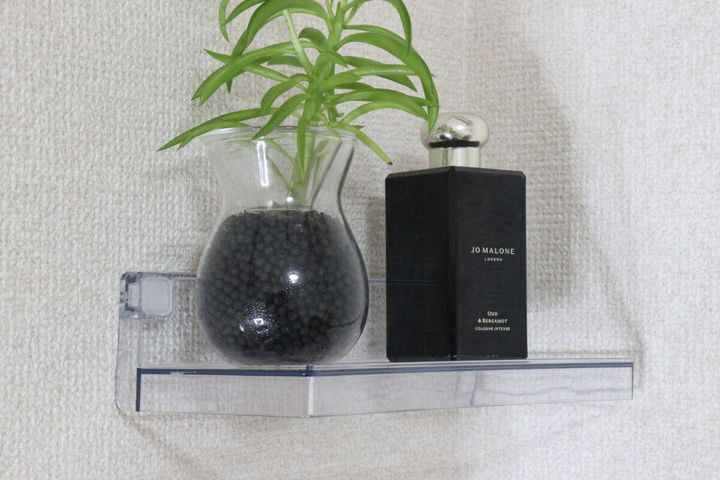 壁に取り付けられたディスプレイトレーの上に観葉植物のガラスポットと黒い香水瓶が飾られている様子