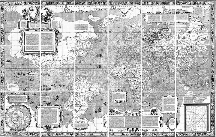メルカトルが1569年に出した世界地図で、18枚に分かれた紙をつなぎ合わせた全体の姿です。メルカトルはこの描き方を、航海に使う世界地図として世に出しました。