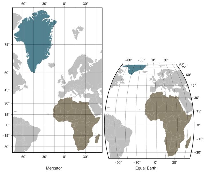 アフリカとグリーンランドの大きさを、メルカトル図法とイコールアースで並べて比べた図です。決議が勧めるのは、このように大きさを比べる場面で、面積を正しく保つ地図を使うことです。