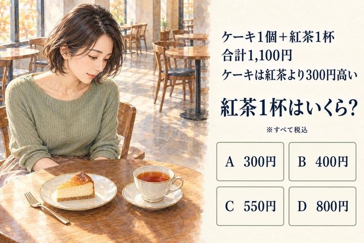 【算数テスト】ケーキと紅茶で1,100円。ケーキは紅茶より300円高いです。紅茶はいくら？
