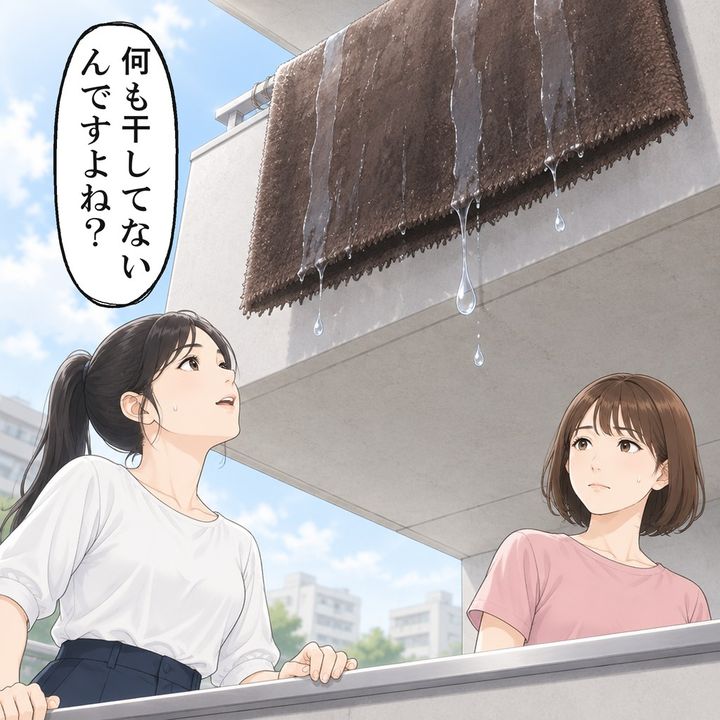 ベランダの端から斜め上を見た私は、上階から垂れるラグを見つけました