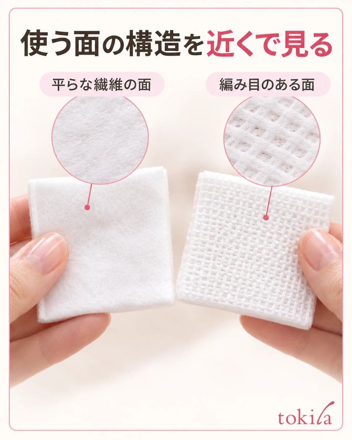 平らな繊維の面と、編み目のある面の構造