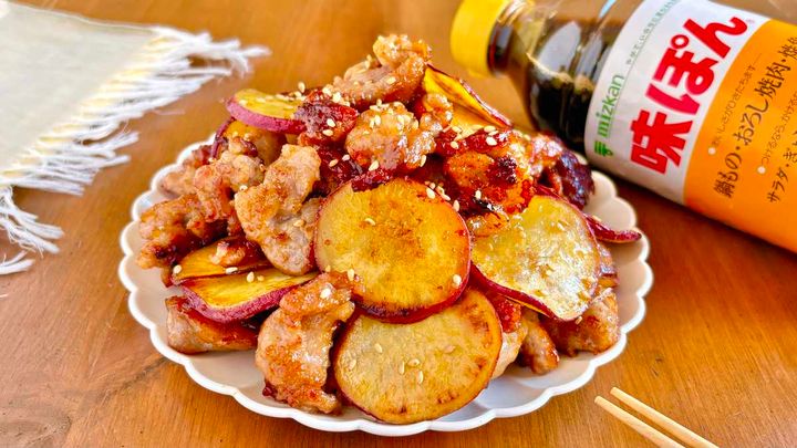 豚こまとさつまいものにんにくポン酢照り焼き