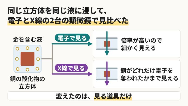 同じ立方体を、電子とX線の2台の顕微鏡で見比べた