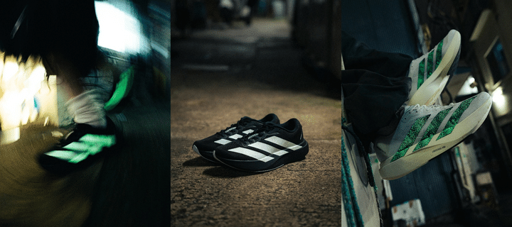 蛇の鱗を描いたスリーストライプスが暗闇で発光。atmos（アトモス）から、adidas Originals（アディダス オリジナルス）の人気ランニングシューズをアレンジした「ADIZERO EVO SL G-SNK」が登場する。