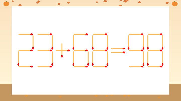 【マッチ棒クイズ】1本だけ動かして正しい式に：23+68=98？の問題画像